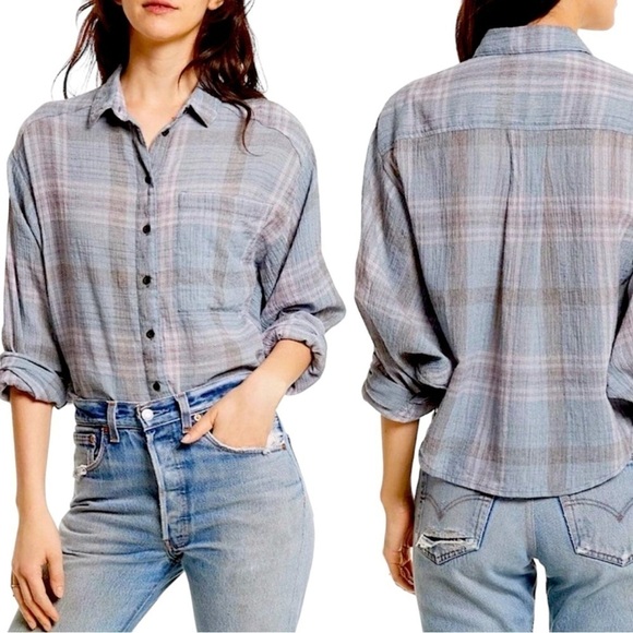 Free People Cropped Cutie Plaid Shirt in Stone XS - Picture 1 of 16